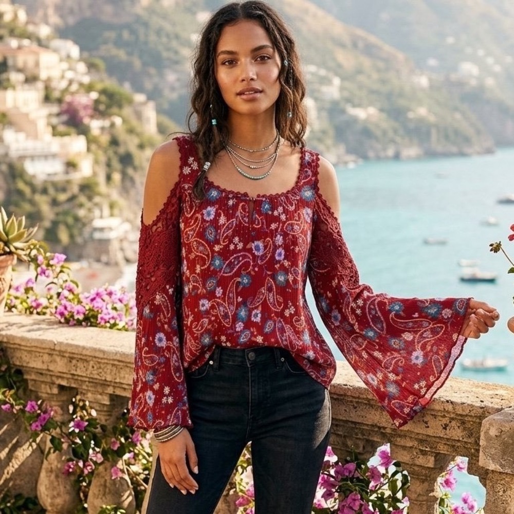 Anthropologie Bila 77 Red Paisley Cold Shoulder Crochet Bell Sleeve Boho Blouse
